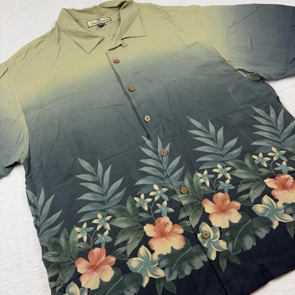 Tommy Bahama Button Up Shirt Men XL Green Floral Short Sleeve Silk Relaxed Fit